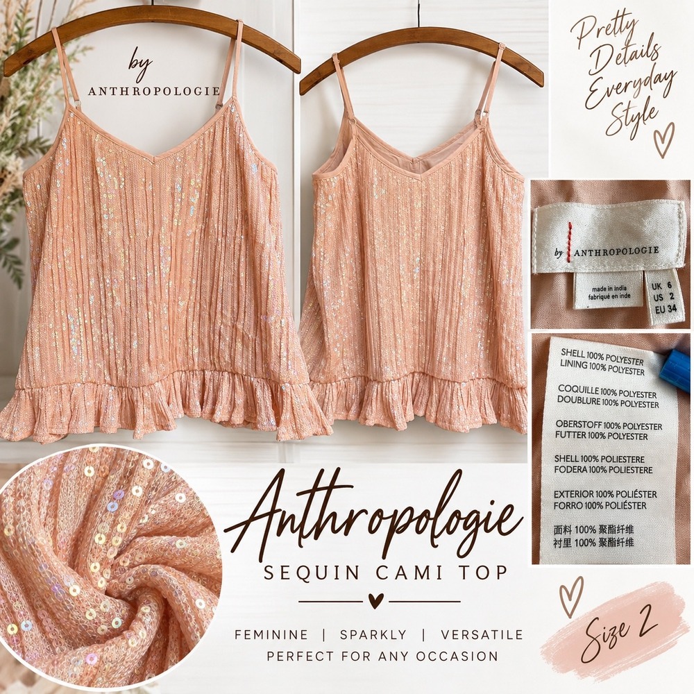 Anthropologie Sequin Cami Boho Top Blush Peach Ruffle Hem Pleated Tank Size 2